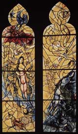 витражи Ева и Змей, Изгнание Адама и Евы из рая, дизайн Марка Шагалла;собор в Метце, Франция